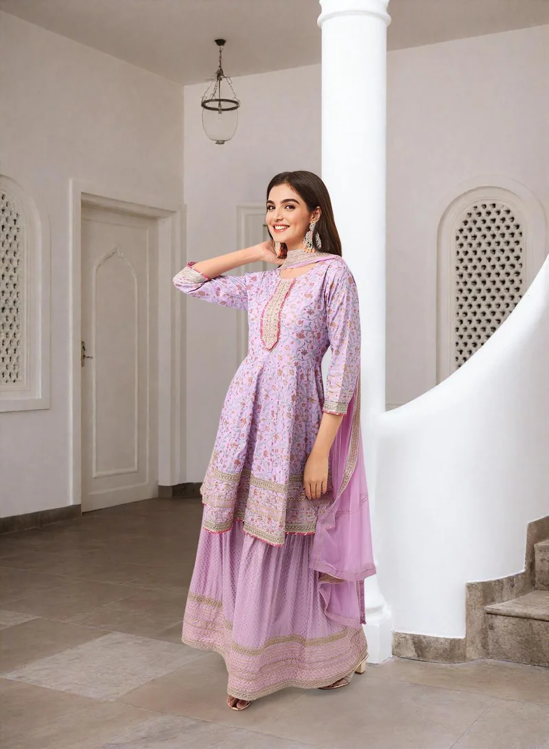 Ishin  Women's Lilac Rayon Embellished Tunic Full Length Palazzo Straight Fit Kurta Set for Women | Best Price UAE